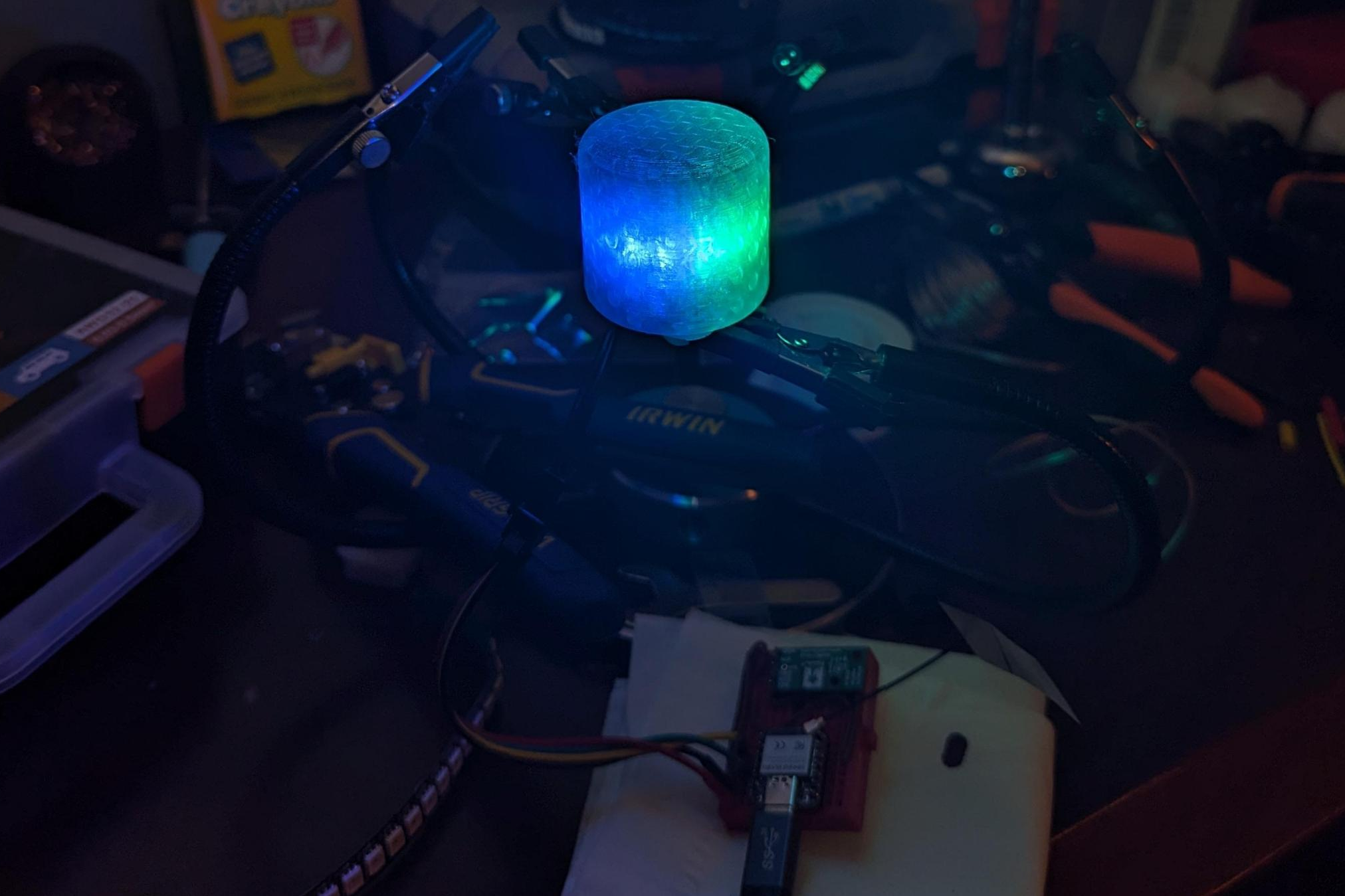 Prototype led wick lit blue and green